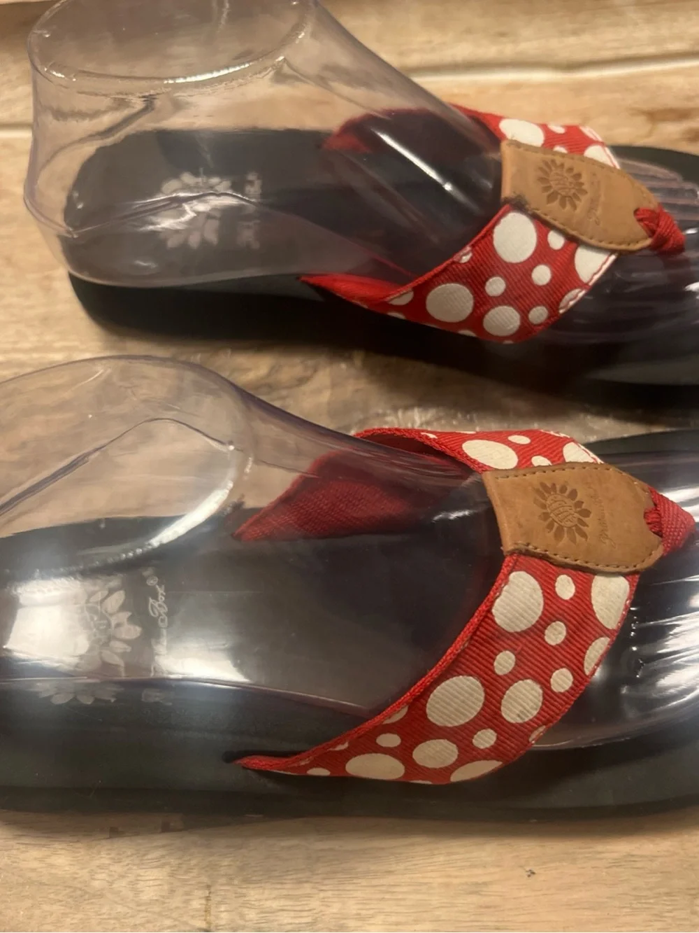Yellow Box Red and White Polka Dot Thong Sandals with Brown Accent - Picture 4 of 7
